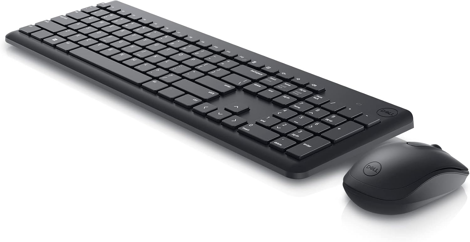 Set Dell KM3322W con tastiera full-size e mouse ergonomico wireless, ideale per postazioni di lavoro ordinate e senza cavi. Set Dell KM3322W con tastiera full-size e mouse ergonomico wireless, ideale per postazioni di lavoro ordinate e senza cavi.